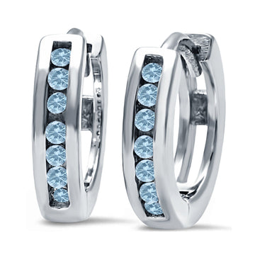 Half Eternity Hoop Earrings Round Simulated Aquamarine CZ 925 Sterling Silver (11mm)